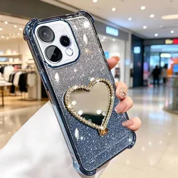 Glitter Heart Mirror Holder Shockproof Phone Case with Bracket for Redmi A3X (Blue)