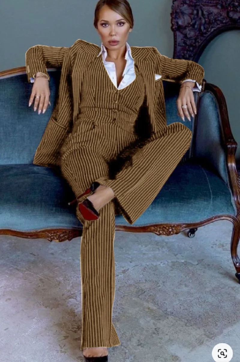 Women's Three-piece Striped Single-breasted Suit Large Size Sets Women Summer Fashion 2024 Great Costumes Pant Elegant Trousers