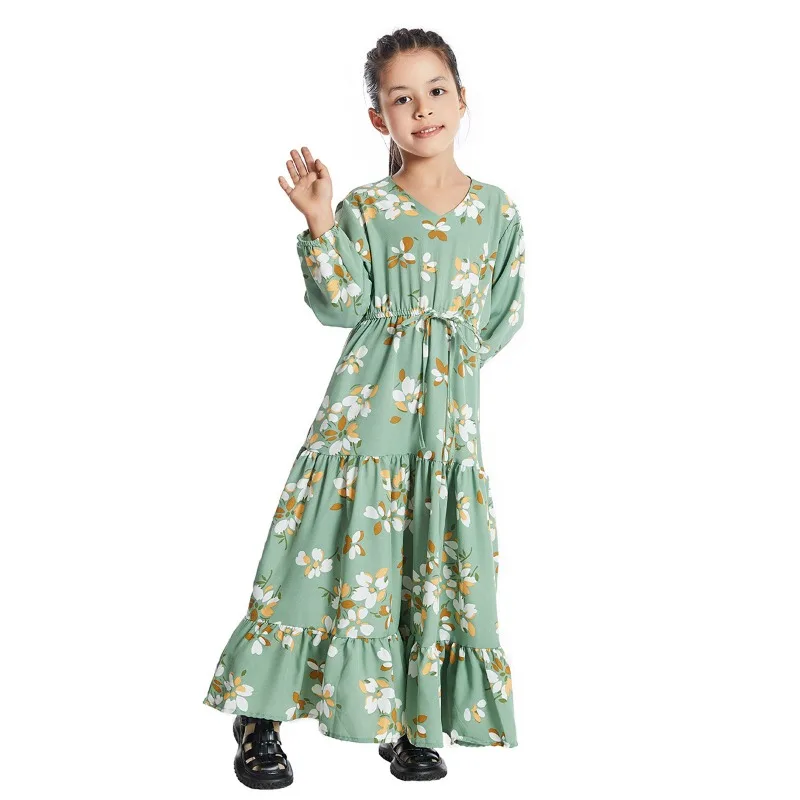 Bohemian Kids Girls Floral Dress V Neck Long-sleeved Tunic Maxi Dress Sweet Loose Comfortable Party Skirt Robe