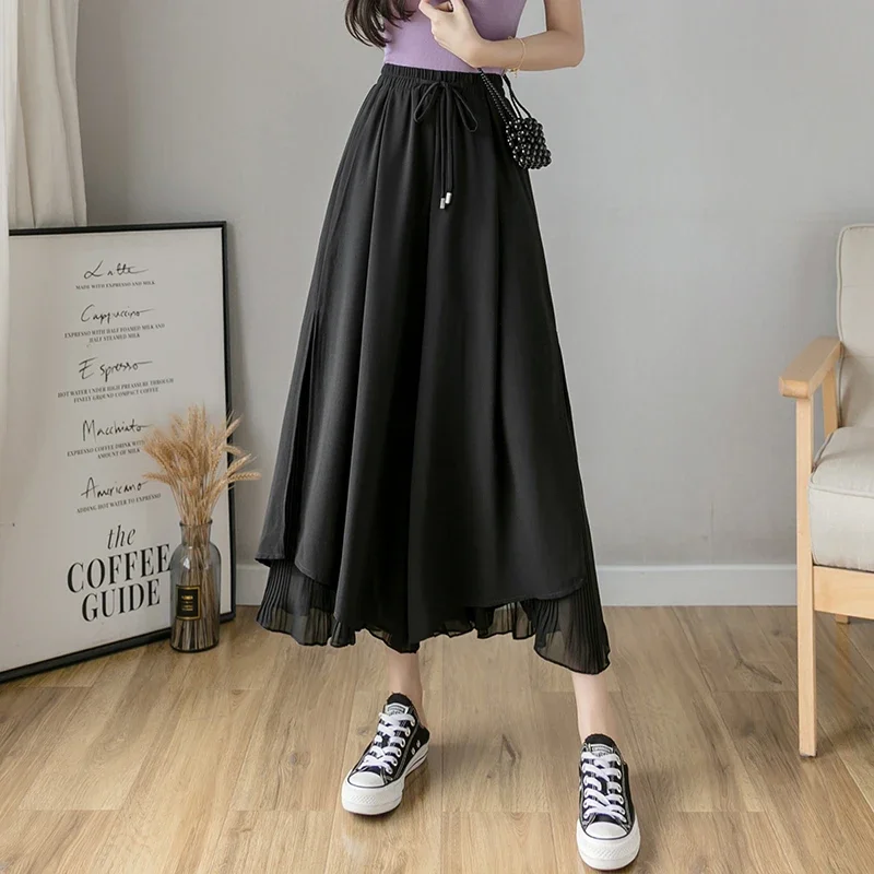 Elastic Waist Chiffon Wide Pants Women Summer Fashion Casual Popular Woman Baggy Trousers Female Dropshipping Cheap Wholesale