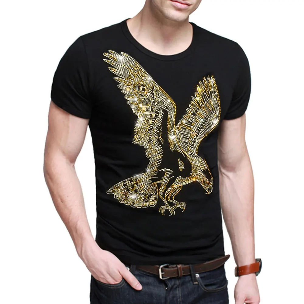 

2021 Summer Men Black T-shirt Hip Hop Man Eagle Diamond T Shirts Fashion Rhinestone Man T-shirt