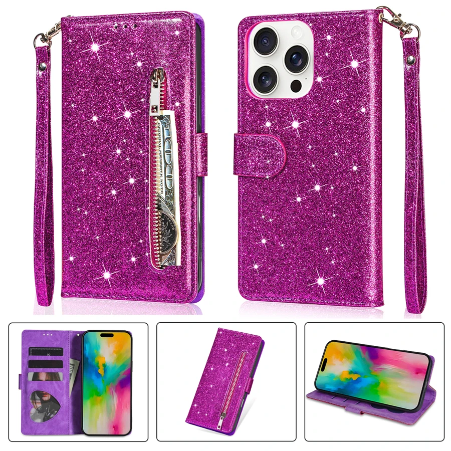 Glitter Zipper Magnetic Flip Leather Wallet Case with Card Slot and Hand Strap