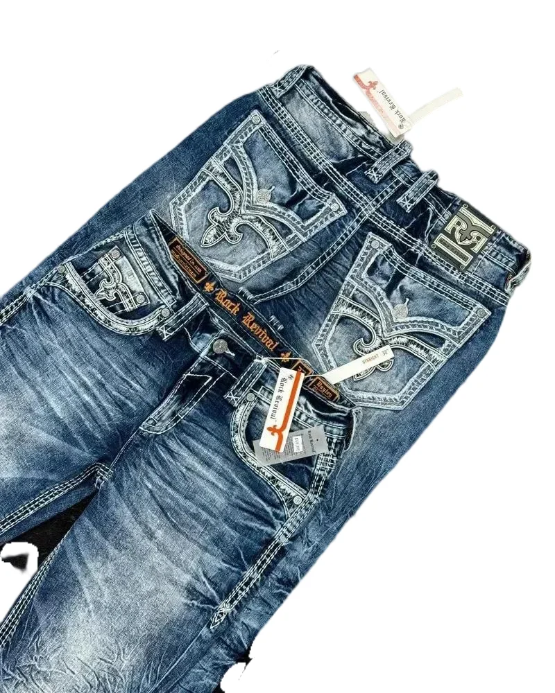 Hip Hop Rock Revival Embroidered Jeans 2024 New American Style Street Wear Loose Casual Y2k Wide Leg Jeans Fall Guys Men Jeans 3