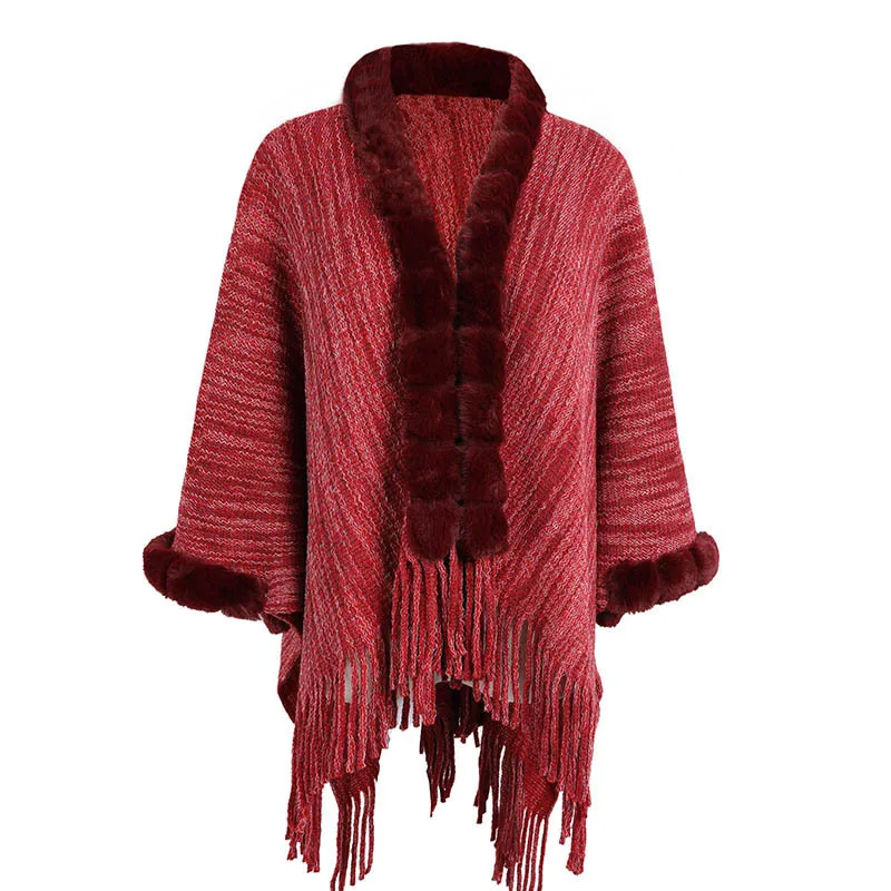 Autumn Winter Warm knitted Imitation Wool Collar Tassel shawl Fashionable Upscale  Poncho Lady Capes Red Cloaks preppy style women autumn knitting shawl scarf lady elegant wraps scarf poncho winter warm cloak wool knitted capes coat