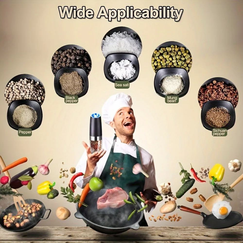 2-piece gravity electric pepper grinder, adjustable thickness, powered by LED lights, stainless steel without battery