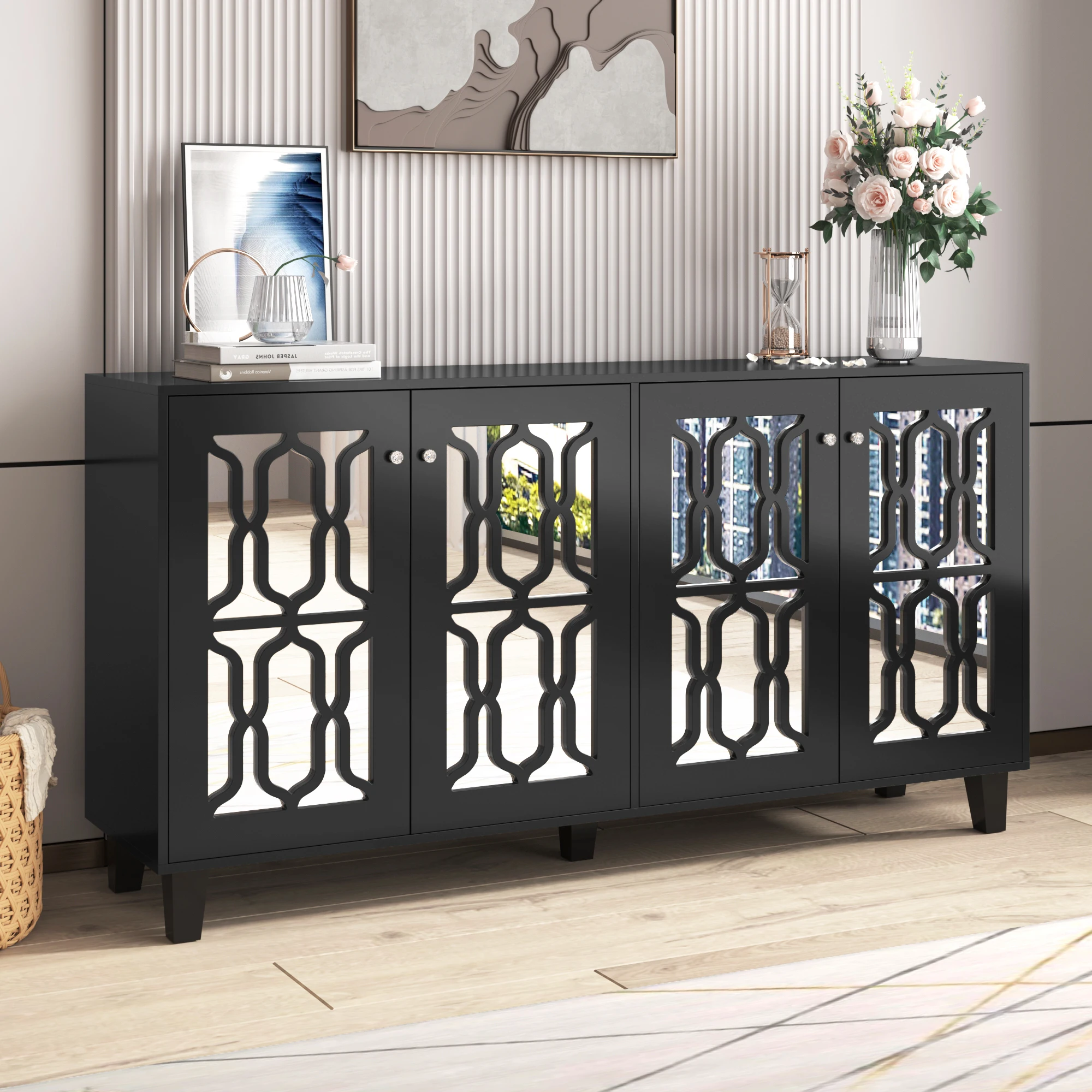 Schwarzes Sideboard mit Spiegeleffekt und coolen Kristallgriffen, vier Türen, mit beweglichem Laminat. Für Wohn- und Esszimmer, 160 x 40 x 84 cm – Detail 7