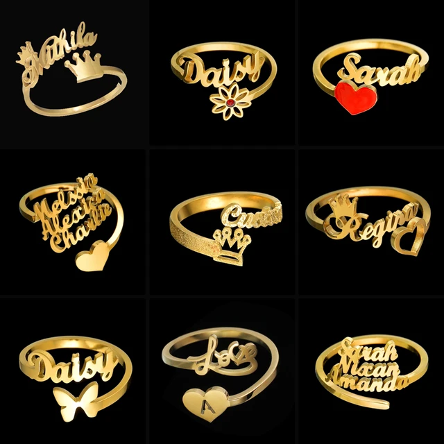 Heart Shape Gold Plated Custom Name Ring for Women