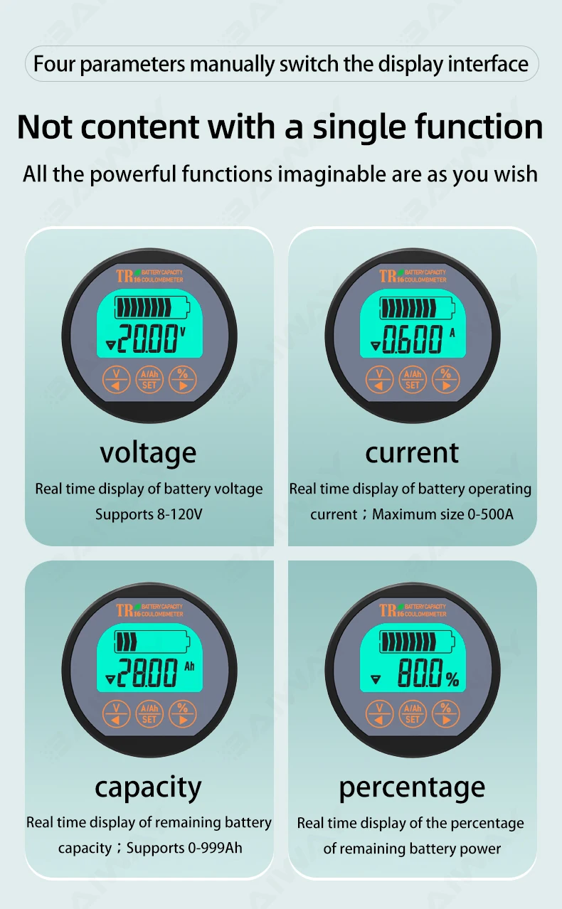 TR16H Coulometer DC8-120V Batteriekapazitätstester 50A/100A/350A Digitale Kapazitätsanzeige Batterie Wasserdichtes Amperemeter Voltmeter – Detail 5
