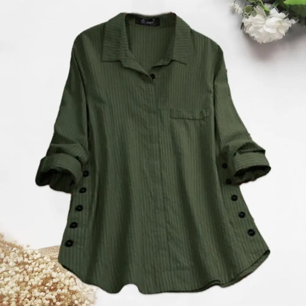 

Mid-length Shirt Arc Hem Shirt Top Classic Striped Print Long Shirt