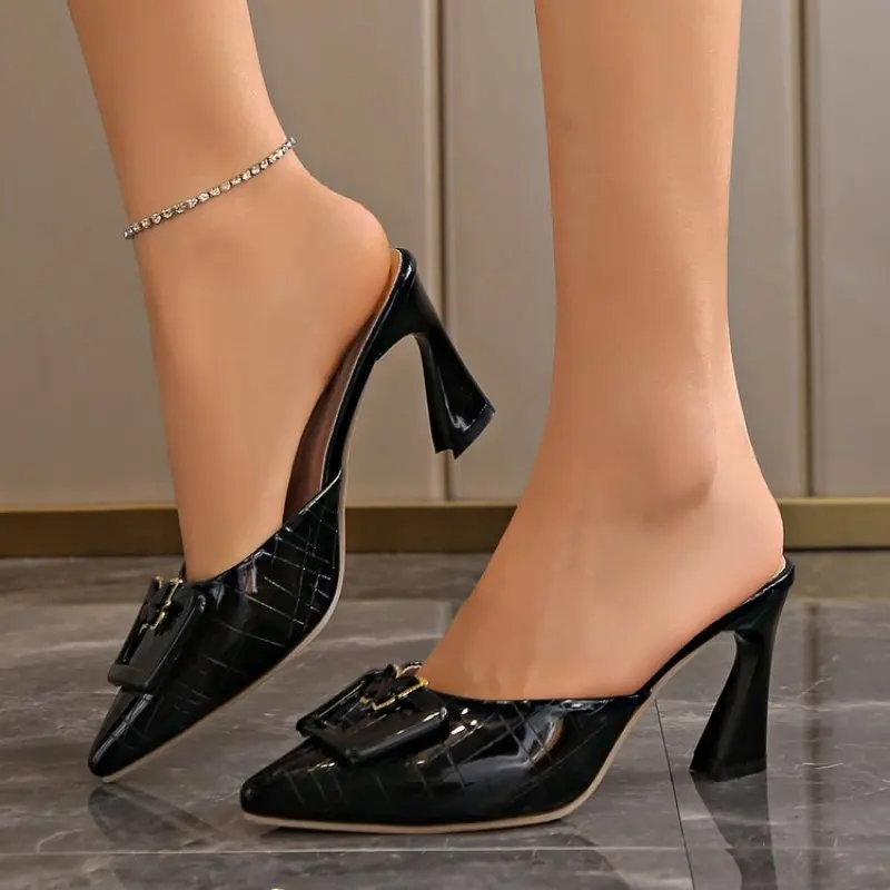 

Summer Fashion Mules For Women Leather Pointed Toe Slip On Women Slipper Sandals Women's Shoes English Style Fashion Plus Siz 42