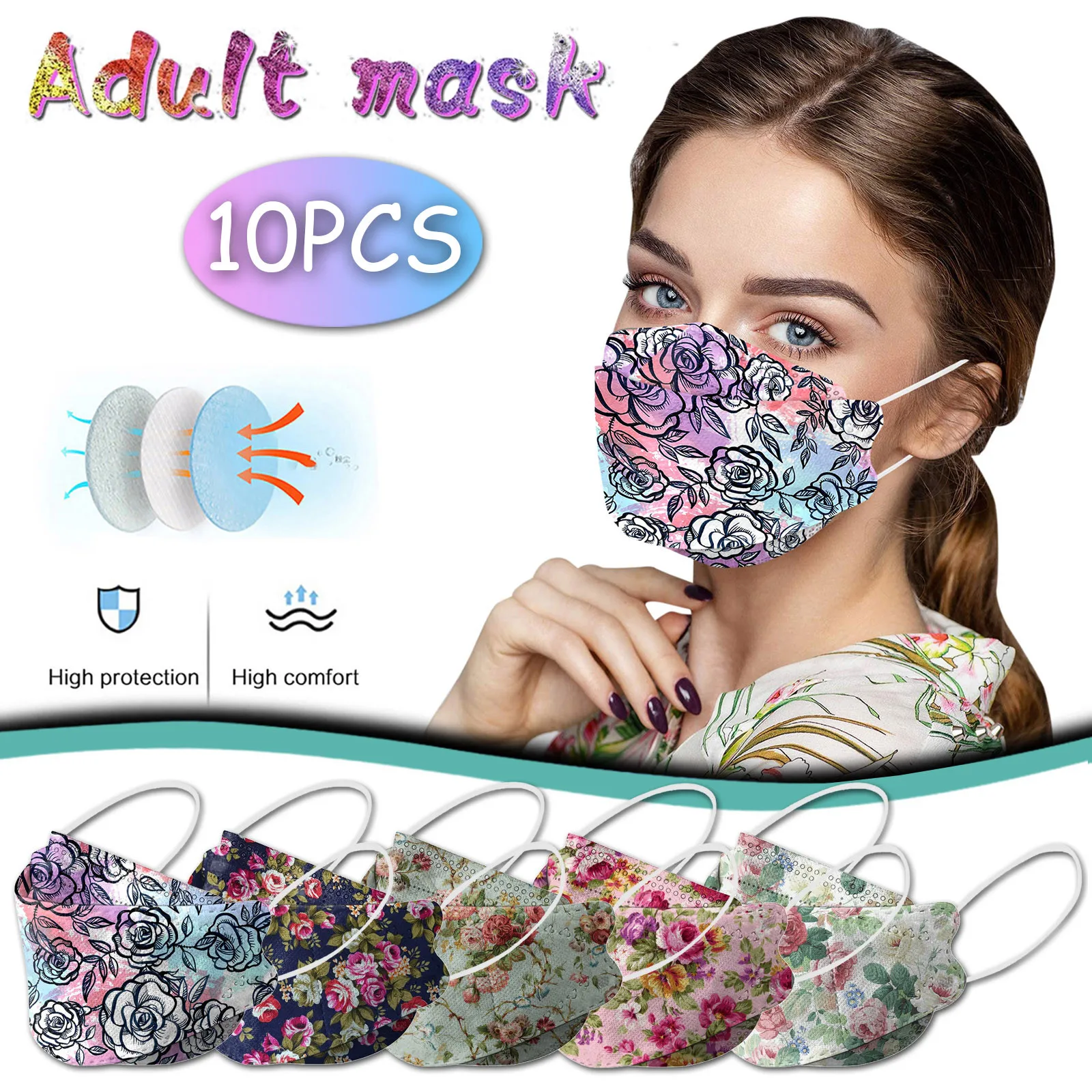 Face Mask Disposable Face Mask 10PCS Unisex Adult Floral Print Outdoor Mask Protective Disposable Outdoor Dust-Proof