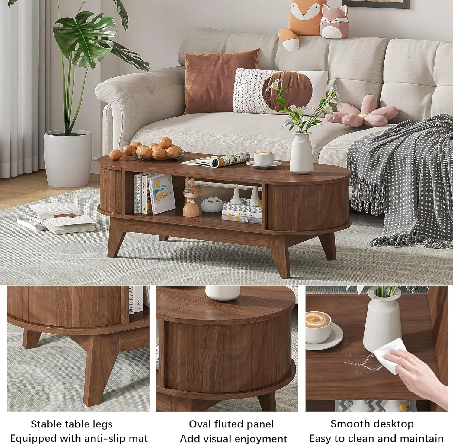 Coffee Table with Storage,Mid Century Modern Coffee Tables with 2 Flip-Top Hidden Lids,Fluted Coffee Table,Wood Center Tables