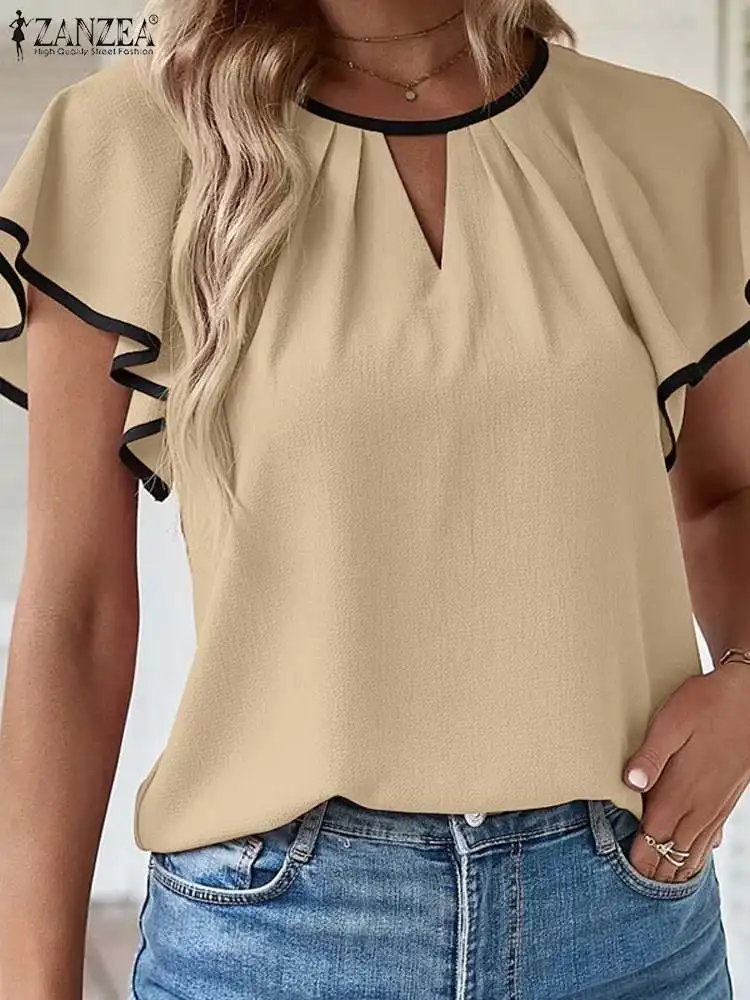 

Elegant Casual Color Patchwork Tops ZANZEA Summer Women O Neck Short Sleeve OL Shirt Female Fashion Work Blusas Chemise