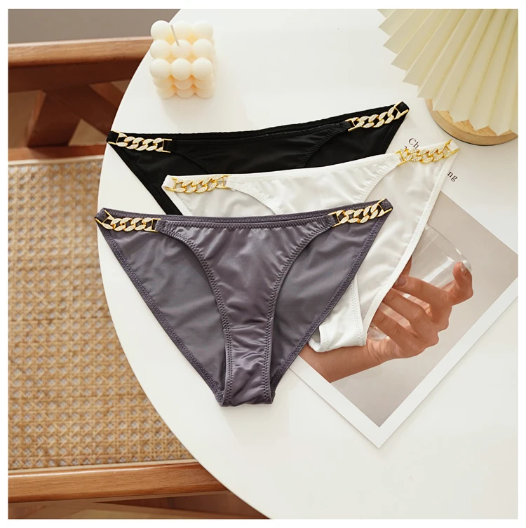 Description Picture 4 of itemCINOON French Satin Sexy Lingerie For Women Diamond Inlaid Chain metal Low waisted Panties New Seamless Triangle Underpants