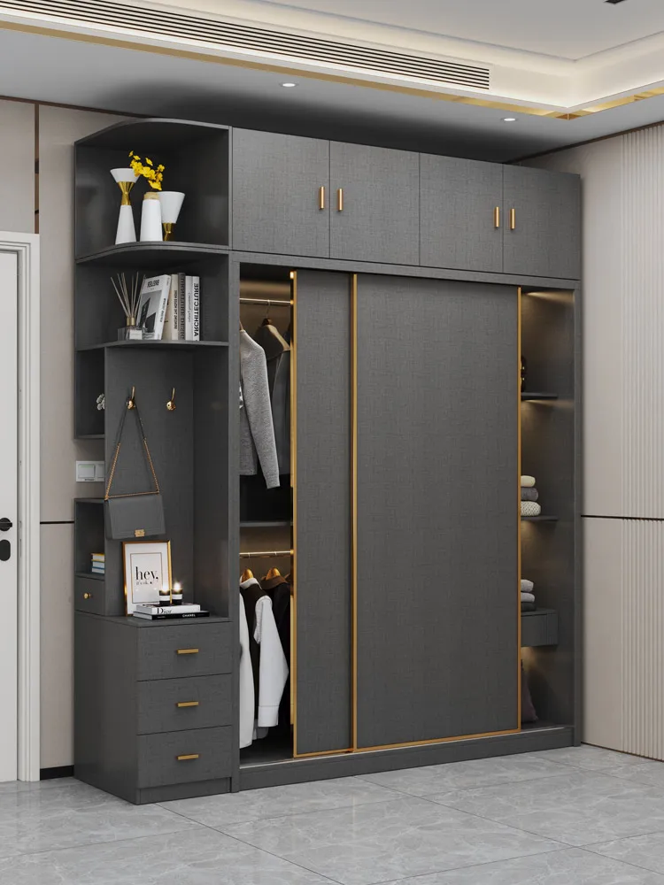 

Modern minimalist light luxury wardrobe sliding door home bedroom wooden overall moving door locker combination wardrobe