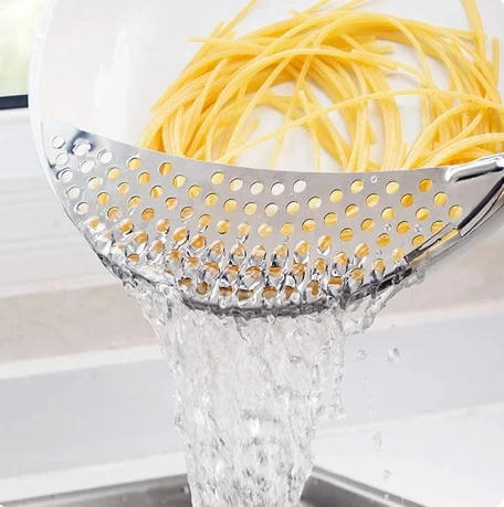 Description Picture 3 of itemPan Pot Strainer Stainless Steel Pasta Spaghetti Practical Draining Tool Pot Strainer Pan Drainer for Home Kitchen Easy Draining