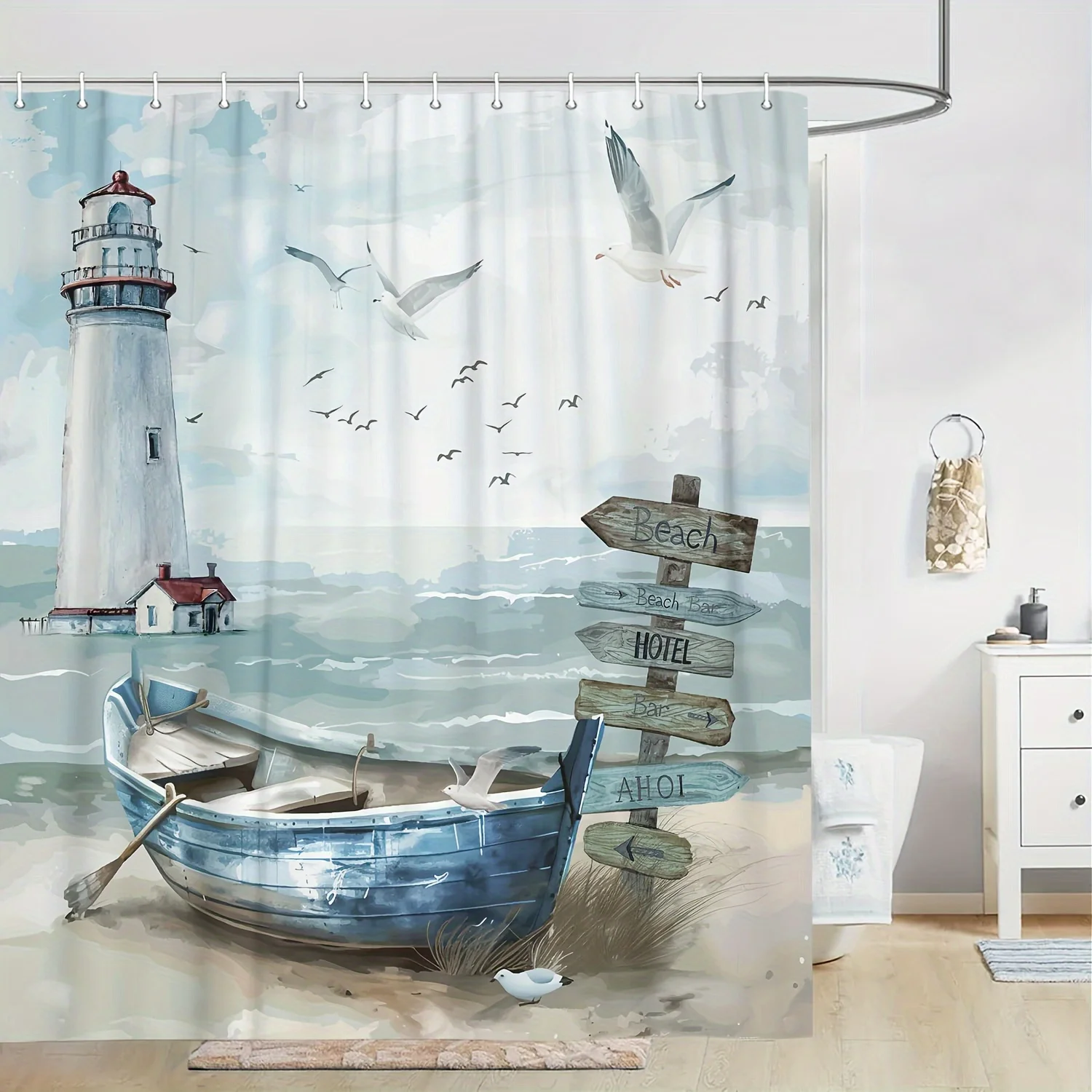 Nautical Coastal Shower Curtain, Ocean Lighthouse & Sailboat Design, Blue Teal Decor with Hooks, Bathroom & Window Use 2