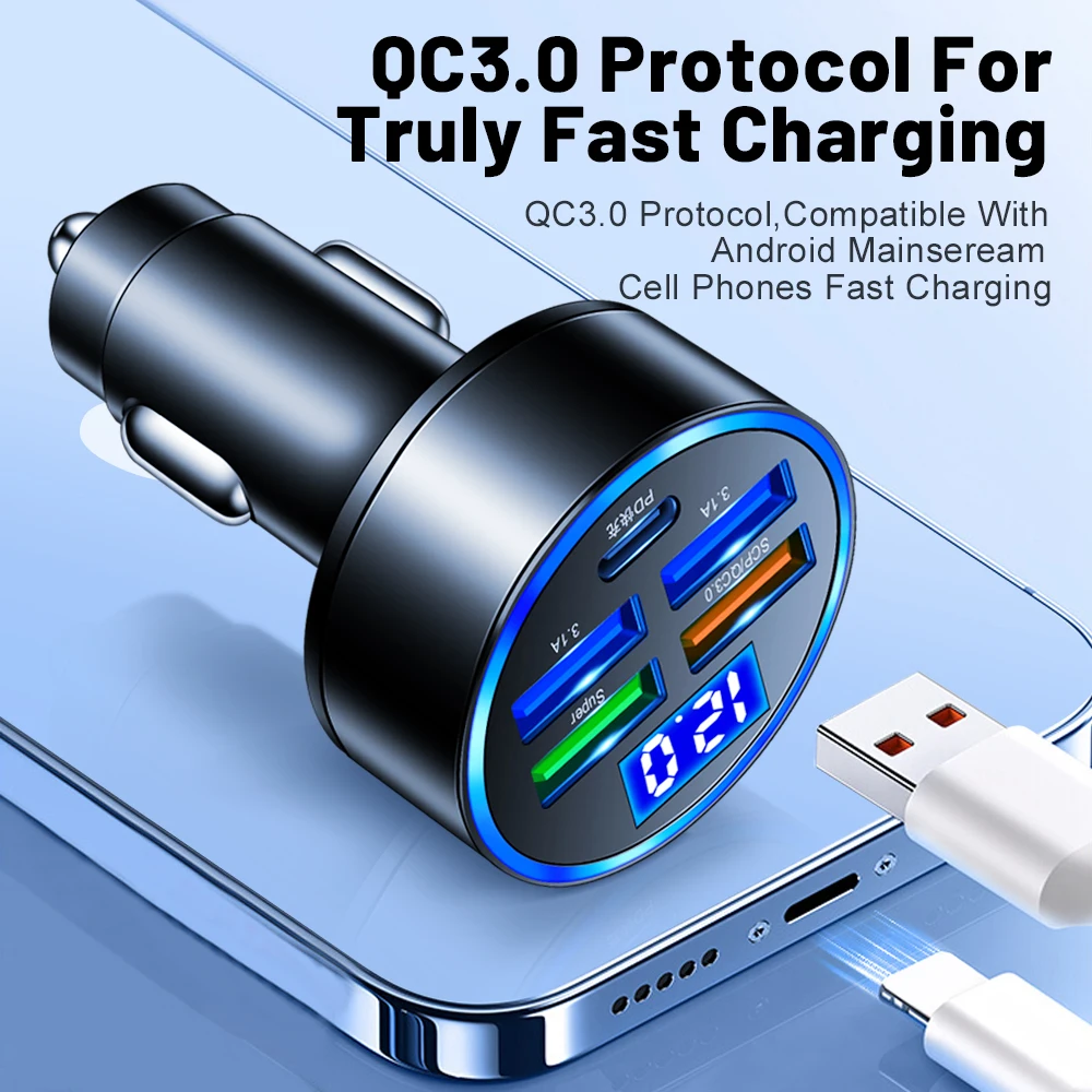 150W PD QC3.0 Car Charger 5 Port Cigarette Lighter Flash Charge Digital Display For iPhone Samsung Xiaomi Huawei USB Car Charger