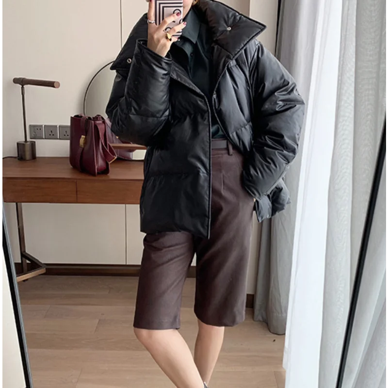 2023 Warm PU Leather White Duck Down Jackets Women Winter Short Bread Coats Loose Tops Commuting Stand Collar Single-breasted