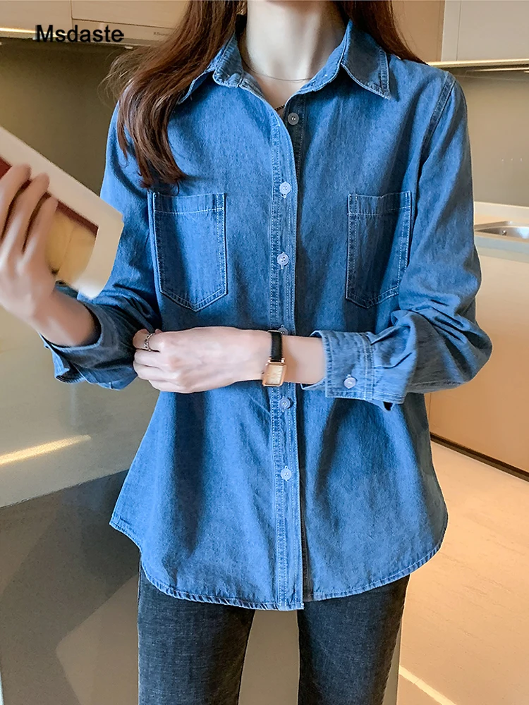 

Jeans Shirts Women Loose Lady Shirts and Tops Blue Cotton Long Blouses Casual Full Long Sleeve Blusas Vintage Woman Denim Shirts
