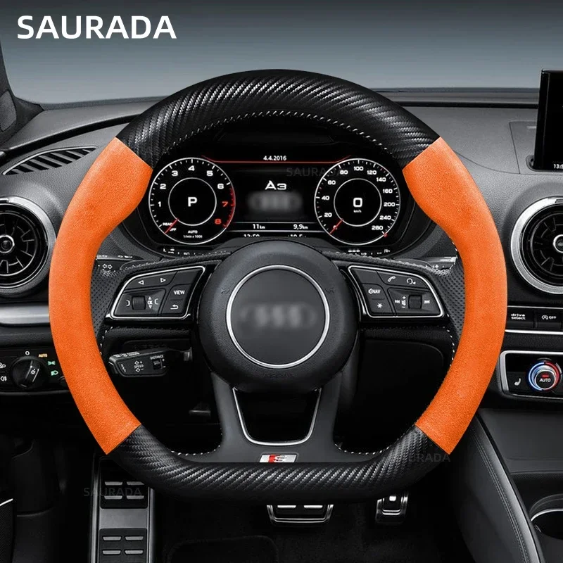Premium Car Leather Steering Wheel Cover – 15-Inch, Non-Slip Design