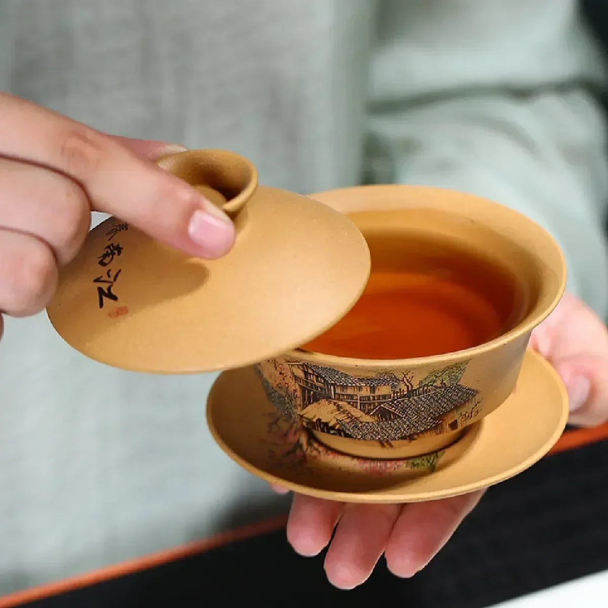 Tea set Yixing Hand-Painted Boccaro Cup Segment Mud Tea Drinking Cup Jiangnan Spring Kung Fu Tea Set Handmade Gaiwan Retro Landscape