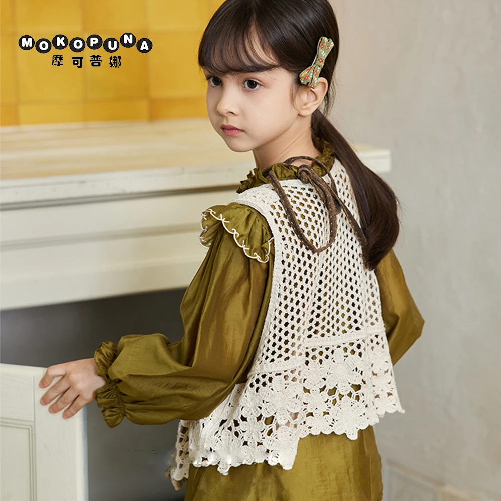 

MOKOPUNA2023 Autumn Girls Long Sleeve Shirt Suit Beige Knitted Vest Windproof Warm High Quality Fabric Comfortable Clothes Suit