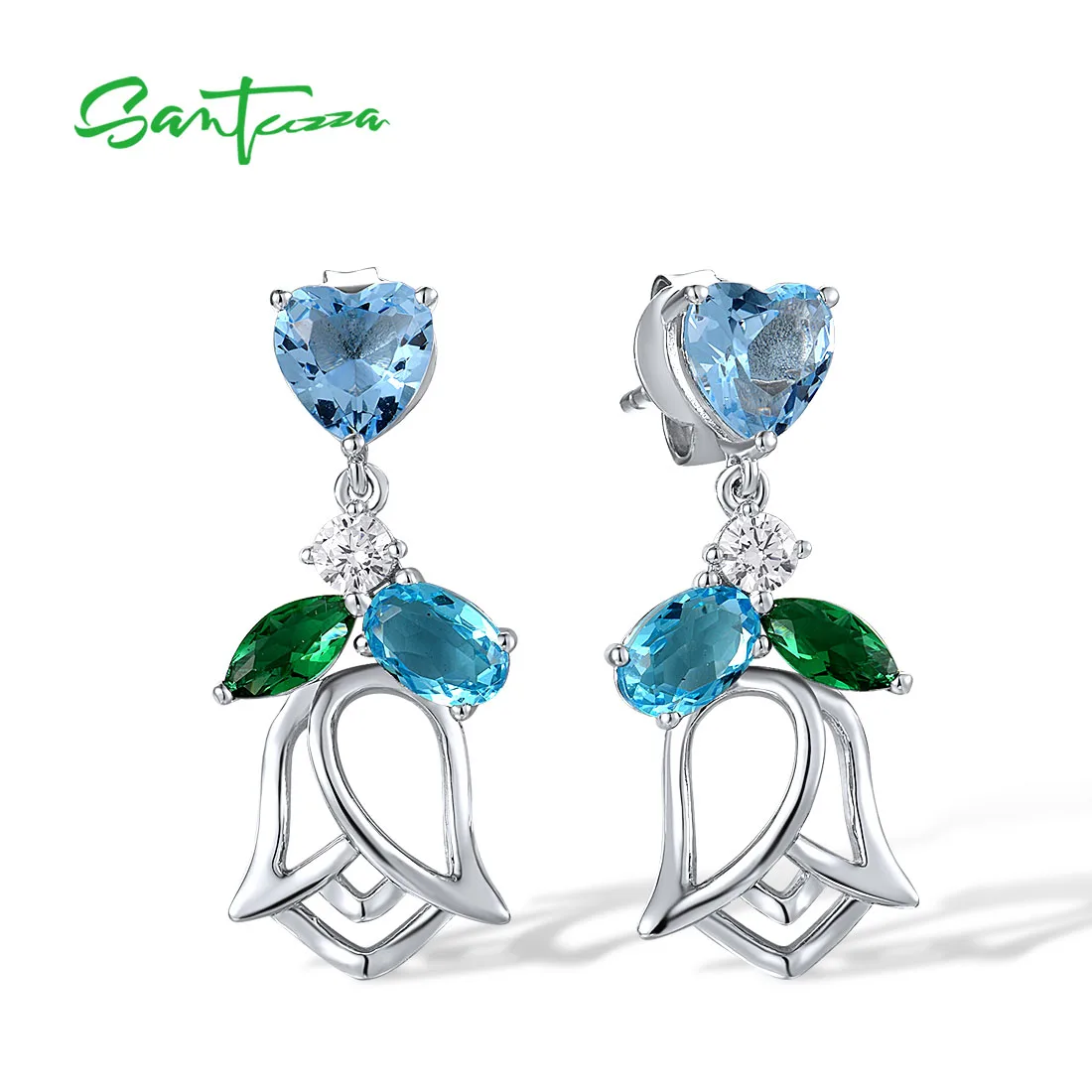 

SANTUZZA Pure 925 Sterling Silver Stud Earrings For Women Flower Blue Green Stones White CZ Dangling Delicate Cute Fine Jewelry