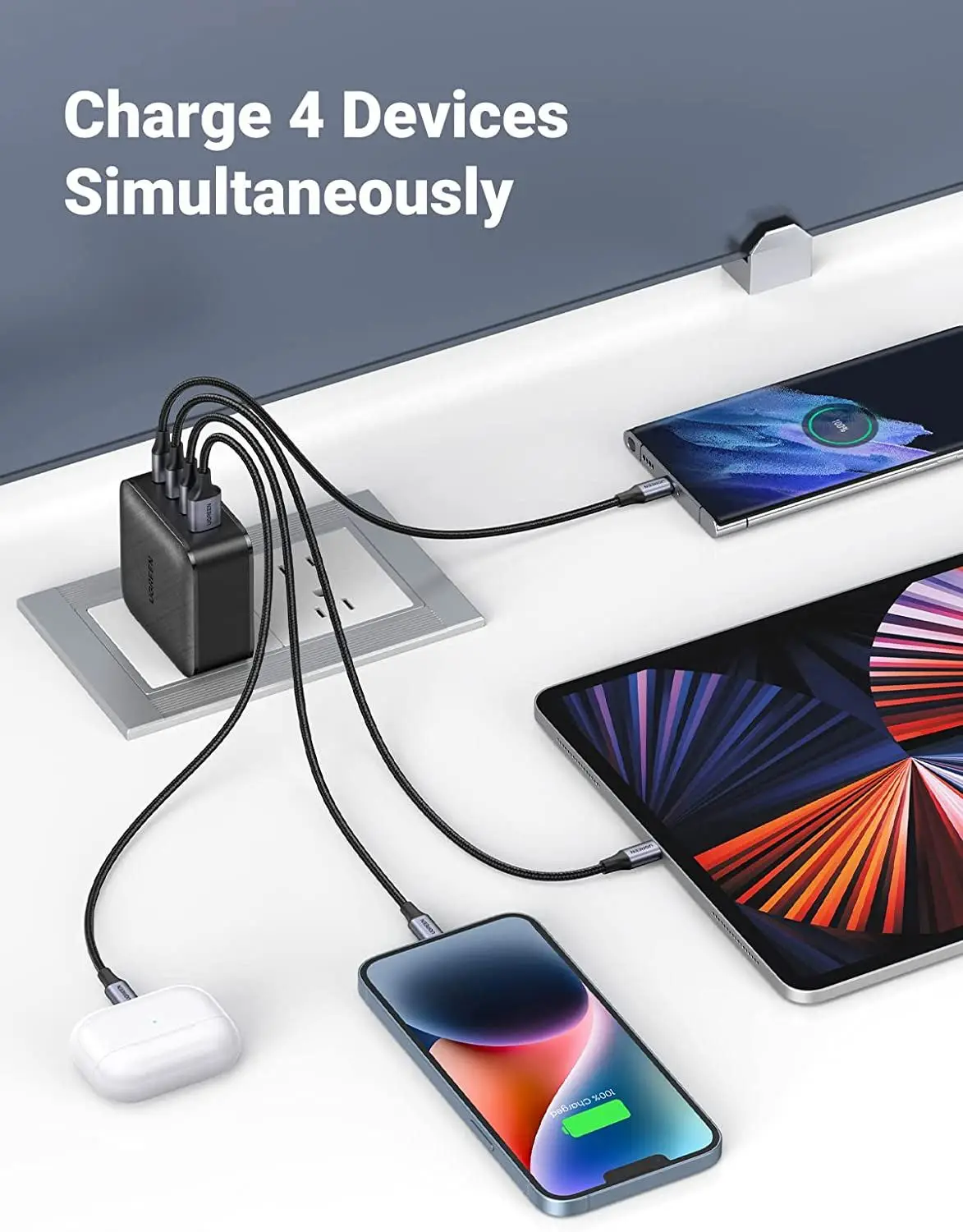 유그린 65W USB C 충전기 4포트 USB C 전원 어댑터 GaN PD 고속 벽면 충전기 3C1A 세트