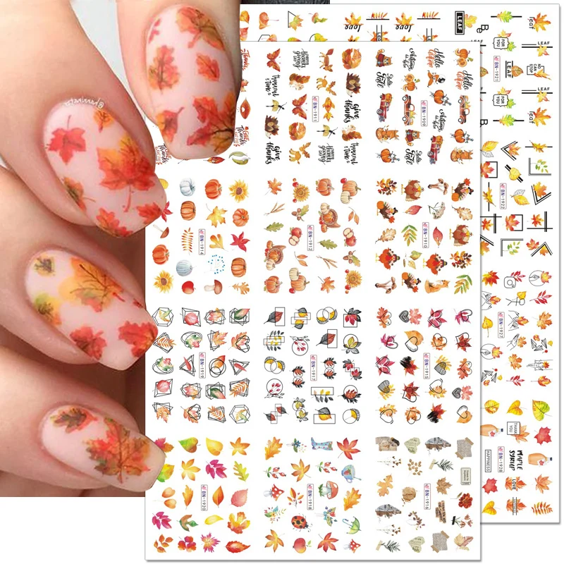 

12pcs Fall Gold Leaves Nail Stickers Maple Leaf Pumpkin Line Nail Decals Water Transfer Foils Sliders Decorations for Manicure