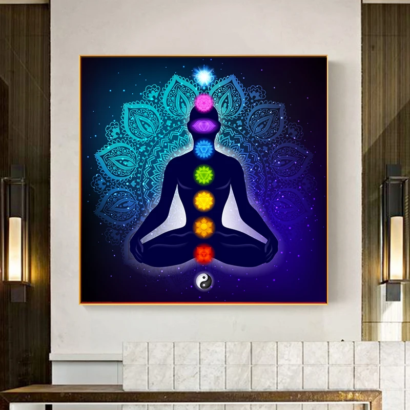

Canvas Painting Art Posters Prints Indian Buddha Meditation 7 Chakra Yoga Sports Wall Art Pictures for Living Room Bedroom Decor