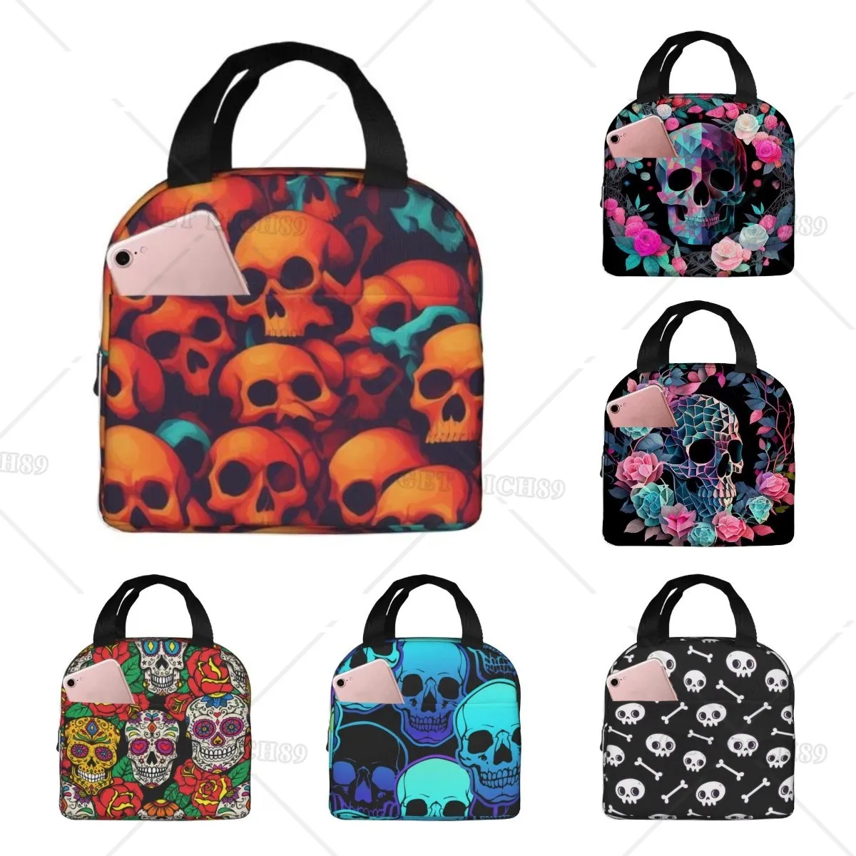

Skull Printed Patterns Insulated Lunch Bag Reusable Large Capacity Lunch Tote for Women and Men'S Office Work Travel Picnic