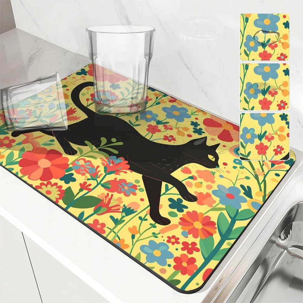 

Watercolor Style Absorbent Mat Plants Flowers Animals Kitten Tableware Dishes Drying Mat Kitchen Supplies Cutlery Bar Supplies