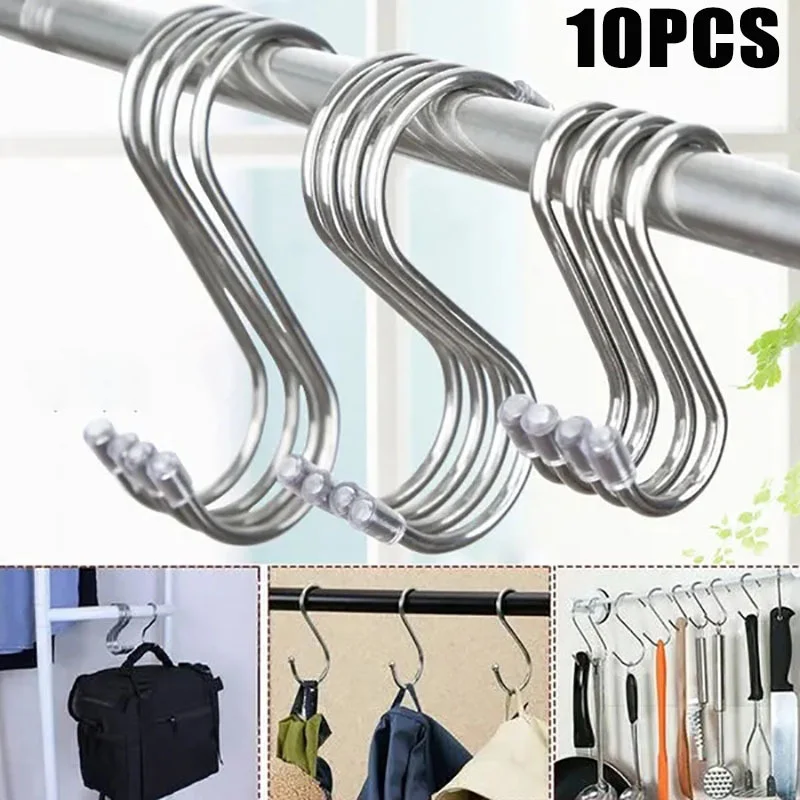 

10PCS Stainless Steel S-Shape Hook Kitchen Bedroom Multi-function Railing S Hanger Hook Clasp Holder Hooks Hanging Storage Tools