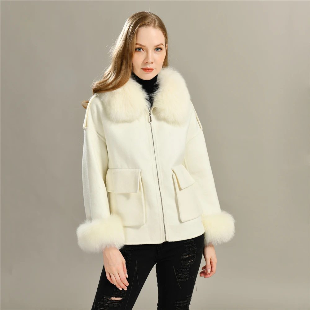 

Luxyonuo Winter Wool Jacket for Women New Fashion Short Style Pockets Zipper Big Real Fox Fur Collar and Cuffs New Streetwear