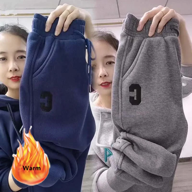 Oversized High Waist Sweatpants Plus Velvet Women Casual Letter Print Winter Harem Trousers Korean Fleece Lined Baggy Pantalones