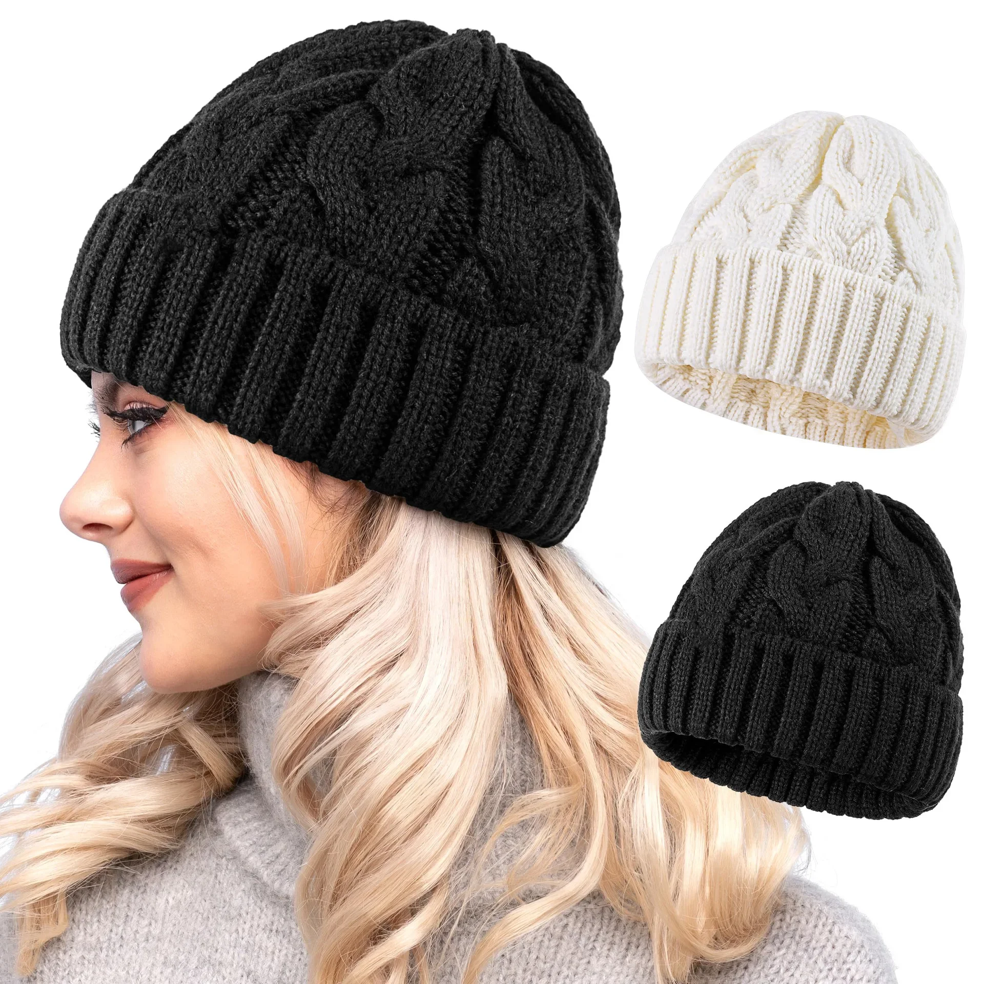 2024 Fashion Warm Knitted Hat Skullies Winter Knitted Beanies Unisex Men Women Cap Female Bonnet Foldable Ski Outdoor Hats 2
