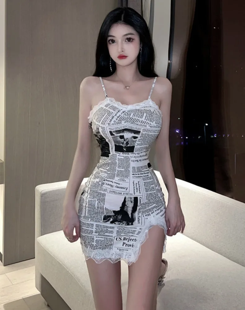 

Модная женская одежда, элегантное кружевное газетное тонкое сексуальное Белое Мини-Платье на бретелях с разрезом сбоку V509