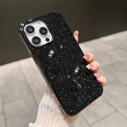 Glitter Shining Diamond Plating Slim Phone Case with Wireless Charging and Magnetic Back Cover - iPhone 12 Pro (Black)