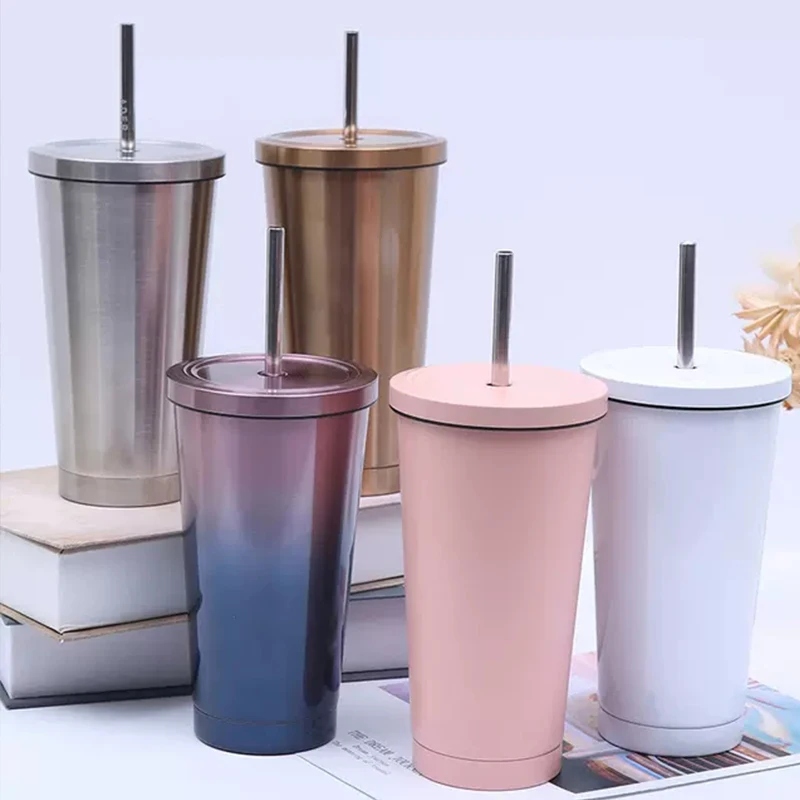 500ML Stainless Steel Thermos Straw Cup Reusable Milk Coffee Mug Water  Drinking Bottle Insulation Travel Metal Cup Leakproof