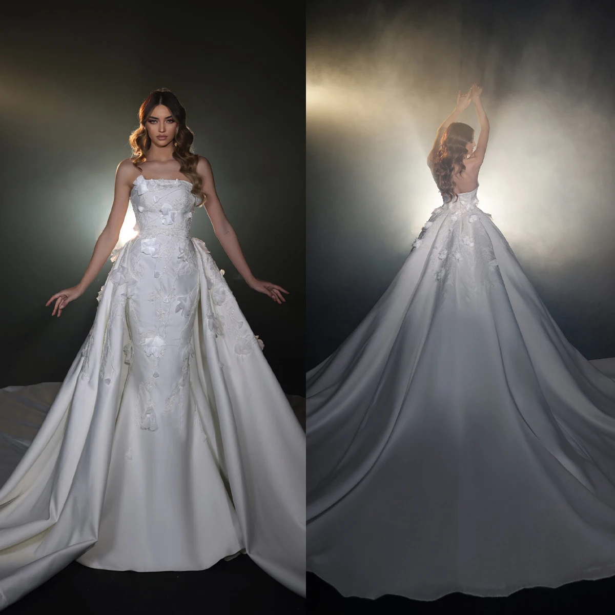 

Gorgeous Mermaid Wedding Dresses Sexy Strapless Appliques Lace Bridal Gowns Custom Made Detachable Train Robe De Mariee