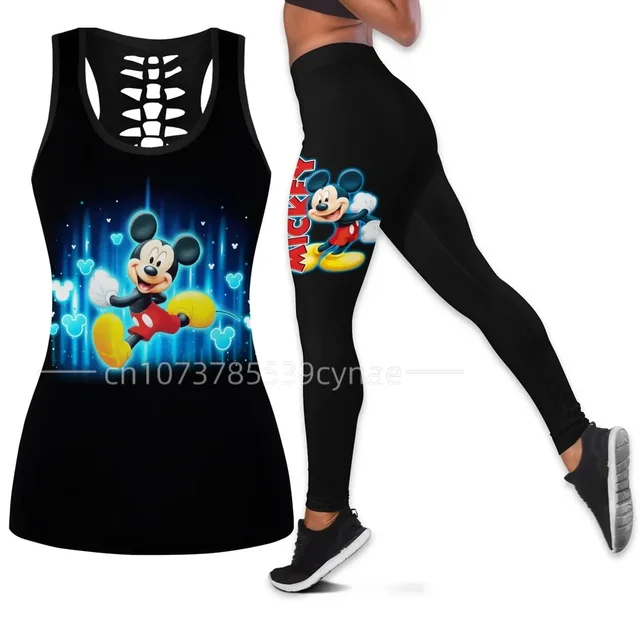 Disney Mickey Hollow 3D Printing Sleeveless Shirt Womens Summer Tank Top Pants Yoga Tank Top Bottom Set