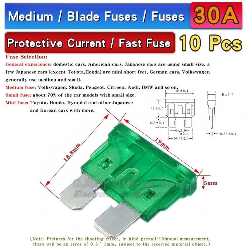 Assorted Miniature Medium-Small Amp Fuses Set - 10 pcs, 5A to 50A Range