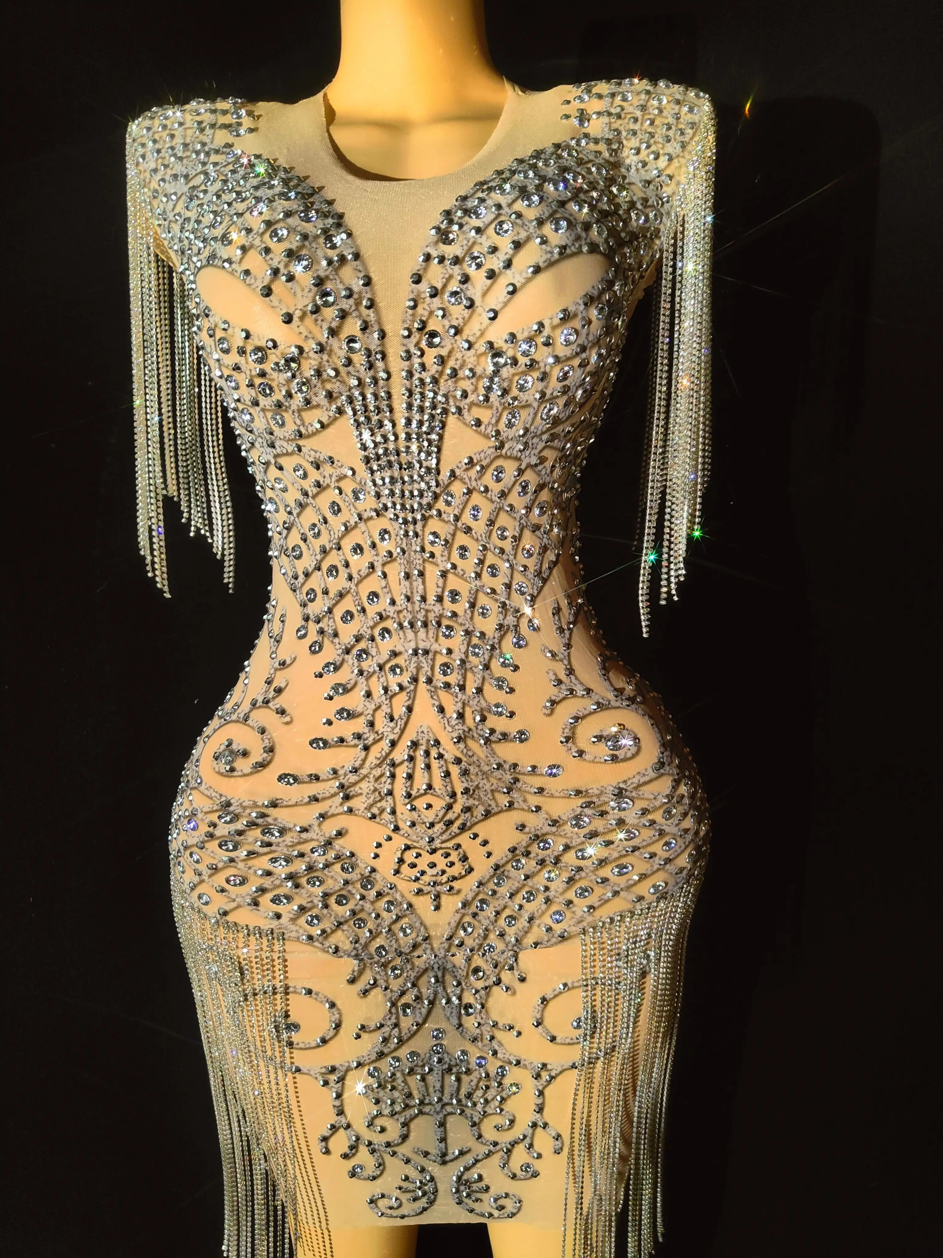 

Silver Rhinestones Chain Fringes Transparent Dress Birthday Celebrate Outfit Women Dance Performance Costume mianju