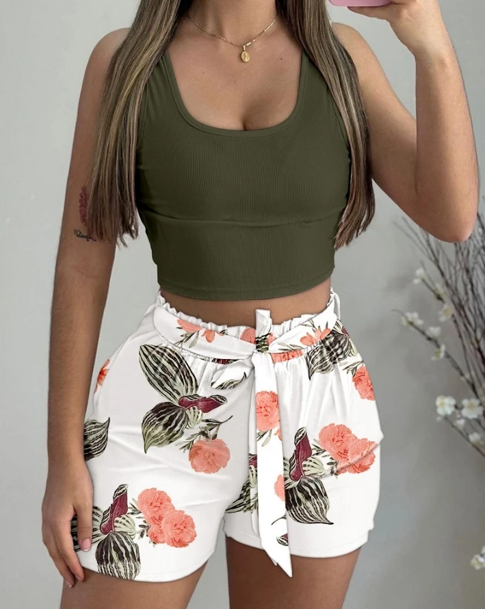 

Vintage 2 Piece Sets Outfit Women 2024 Spring Summer Crop Sleeveless U-Neck Daily Vacation Tank Top & Tropical Print Shorts Set