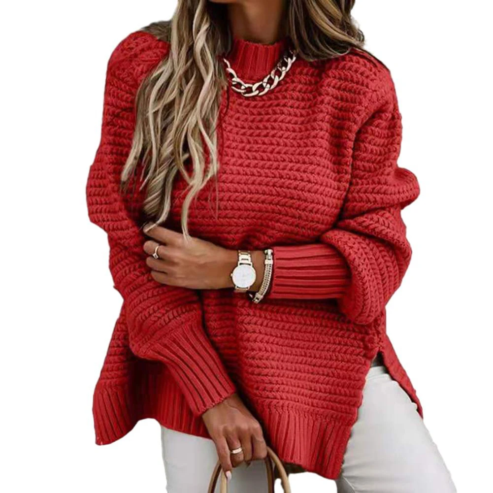 

Women Autumn Winter Casual Half High Neck Solid Loose Comfortable Versatile Side Split Knitted Fashion Korean Female Sweater