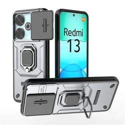 Enhanced Armor Bumper Shockproof Case with Slide Camera Lens Cover and Ring Holder for Redmi 13 (GRAY)