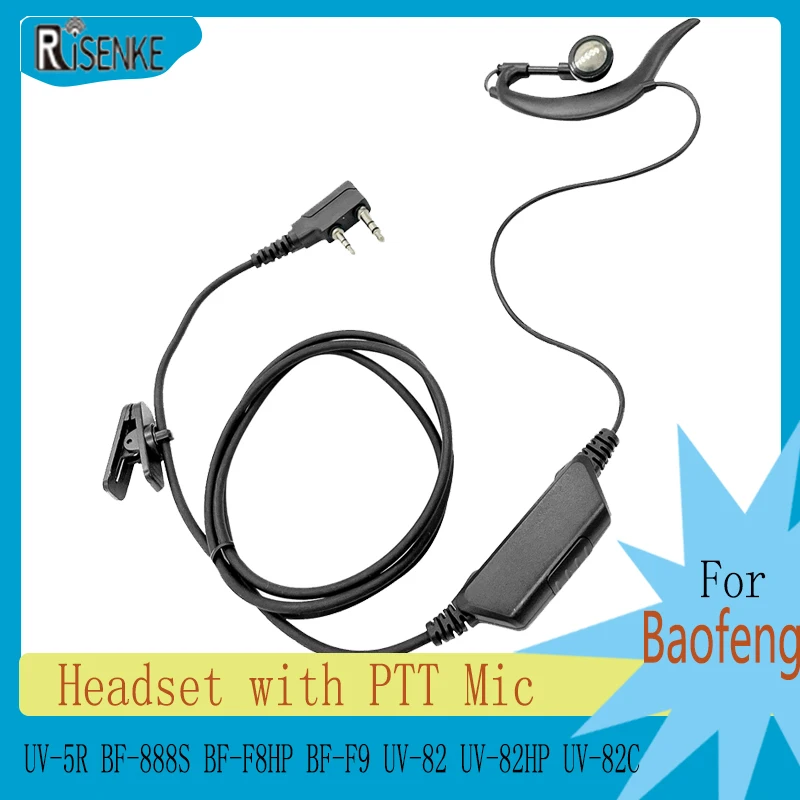 

RISENKE-Earpiece Headset with PTT Mic,for Baofeng UV-5R,BF-888S,BF-F8HP,BF-F9,UV-82,UV-82HP,UV-82C, Kenwood Walkie Talkie Radio