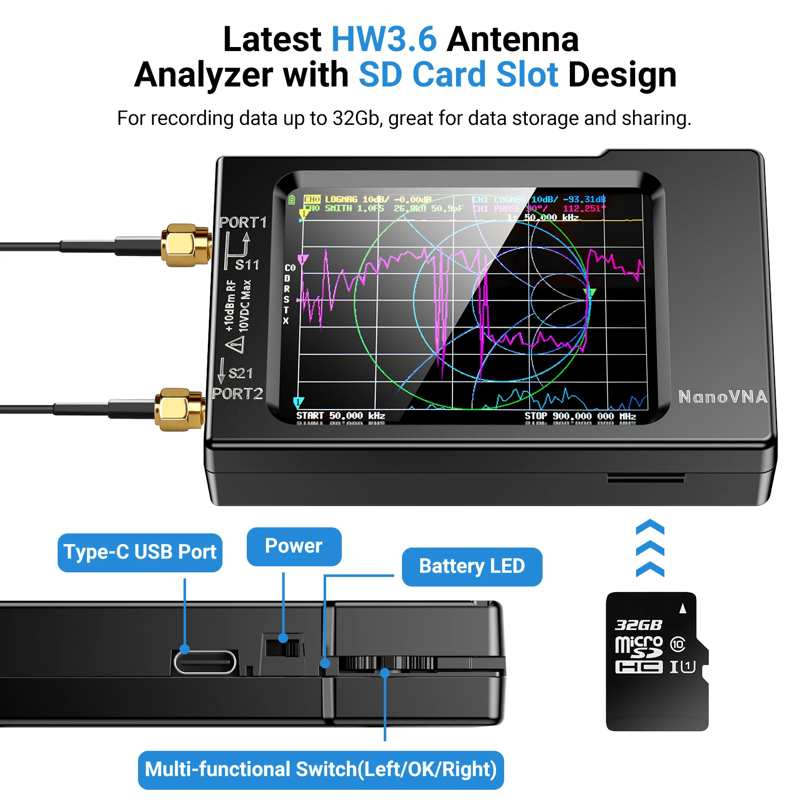 Network Antenna Analyzer, NanoVNA-H Vector10KHz-1.5G HzMF HF VHF UHF with Shell Voltage Standing Wave Ratio, Phase, Delay,Smith 3