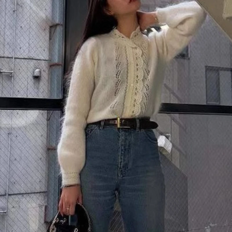 Women's White Cardigan Loose Sweaters Fashion Hollow Lace Patchwork Elegant New Office Basic Autumn Female Cardigan